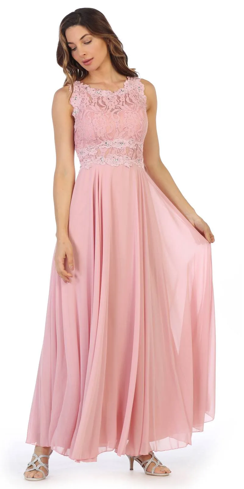 Juno 1016 Sleeveless Long Formal Dress with Lace Bodice