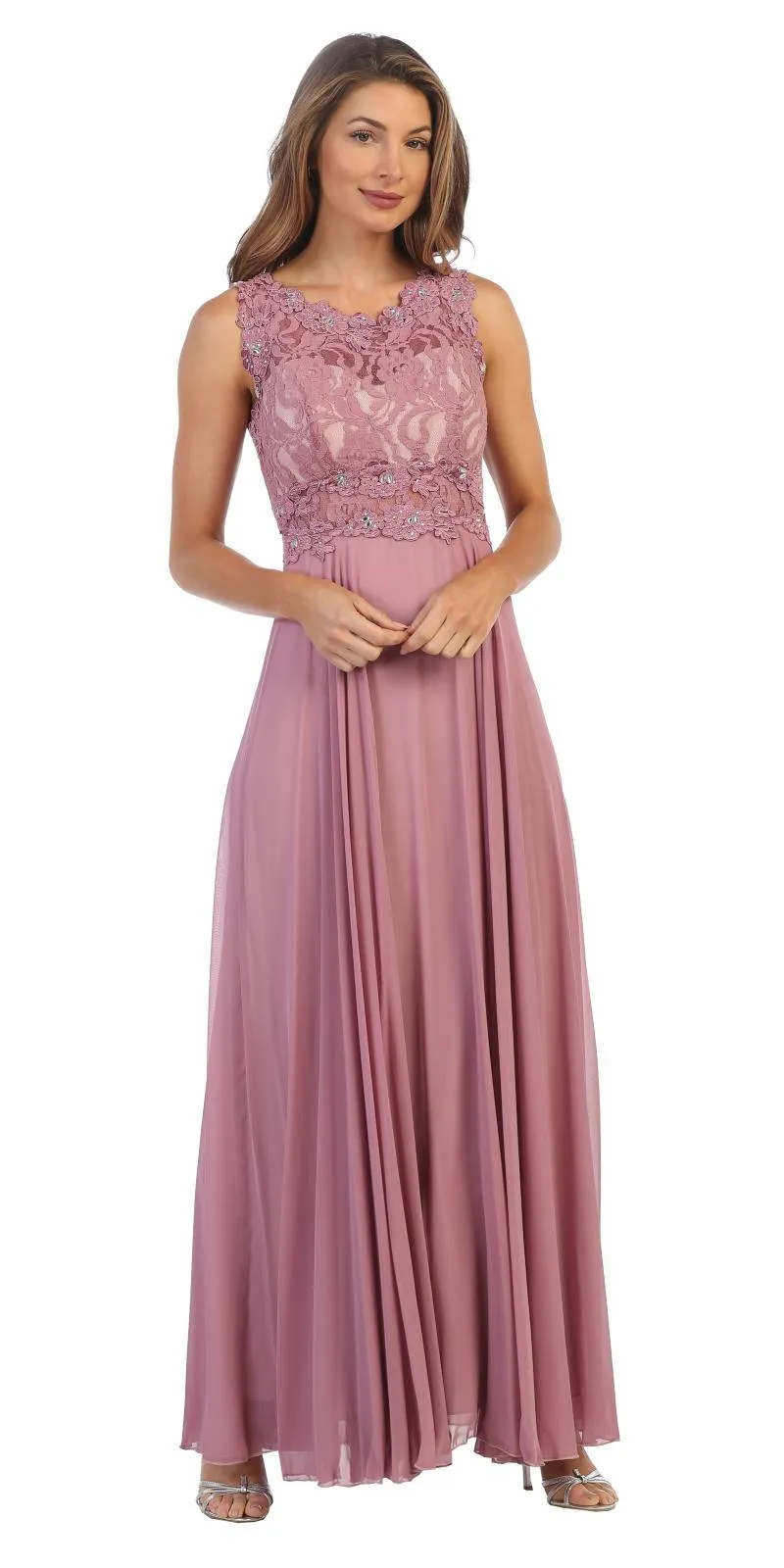 Juno 1016 Sleeveless Long Formal Dress with Lace Bodice