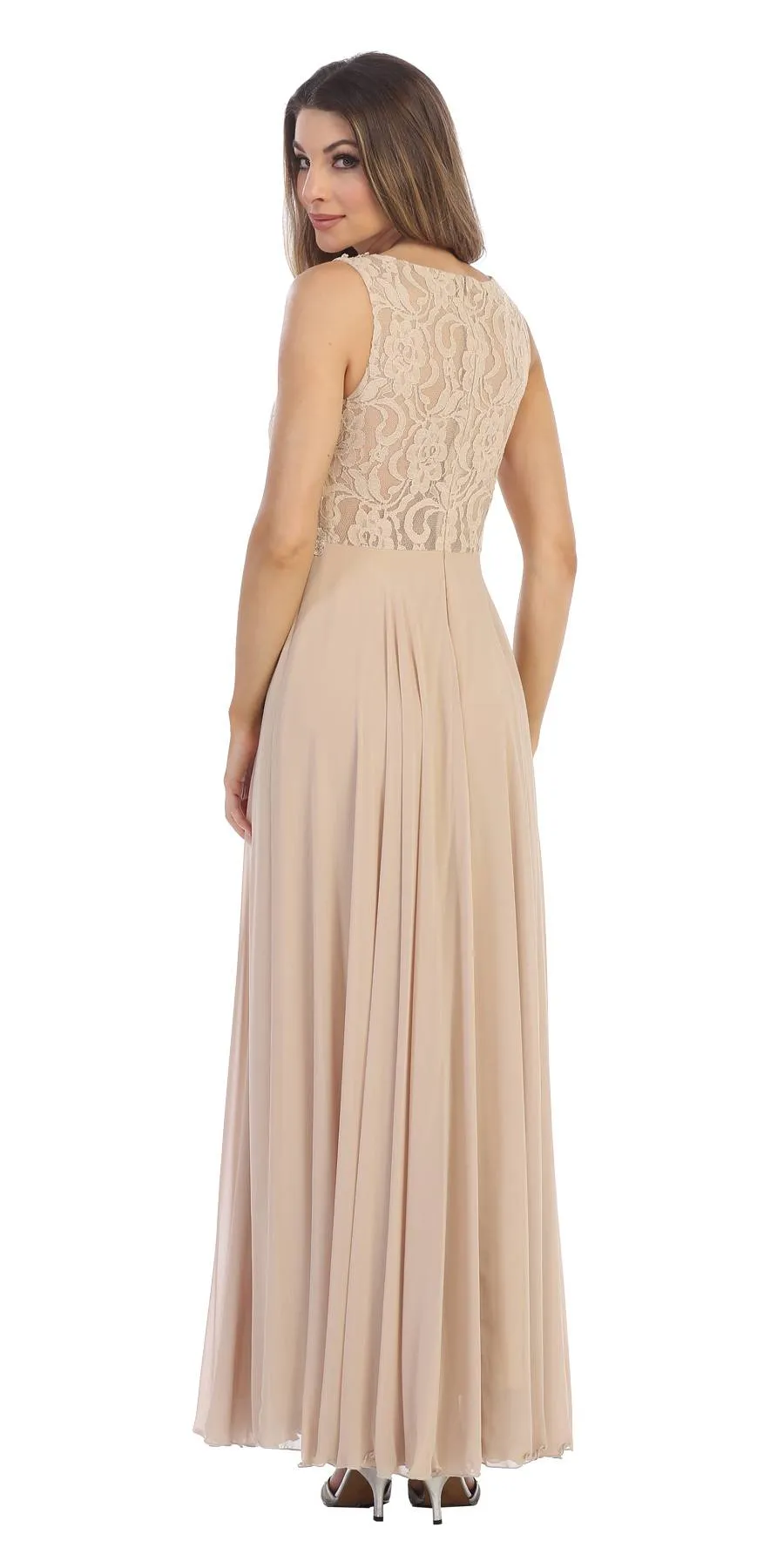 Juno 1016 Sleeveless Long Formal Dress with Lace Bodice