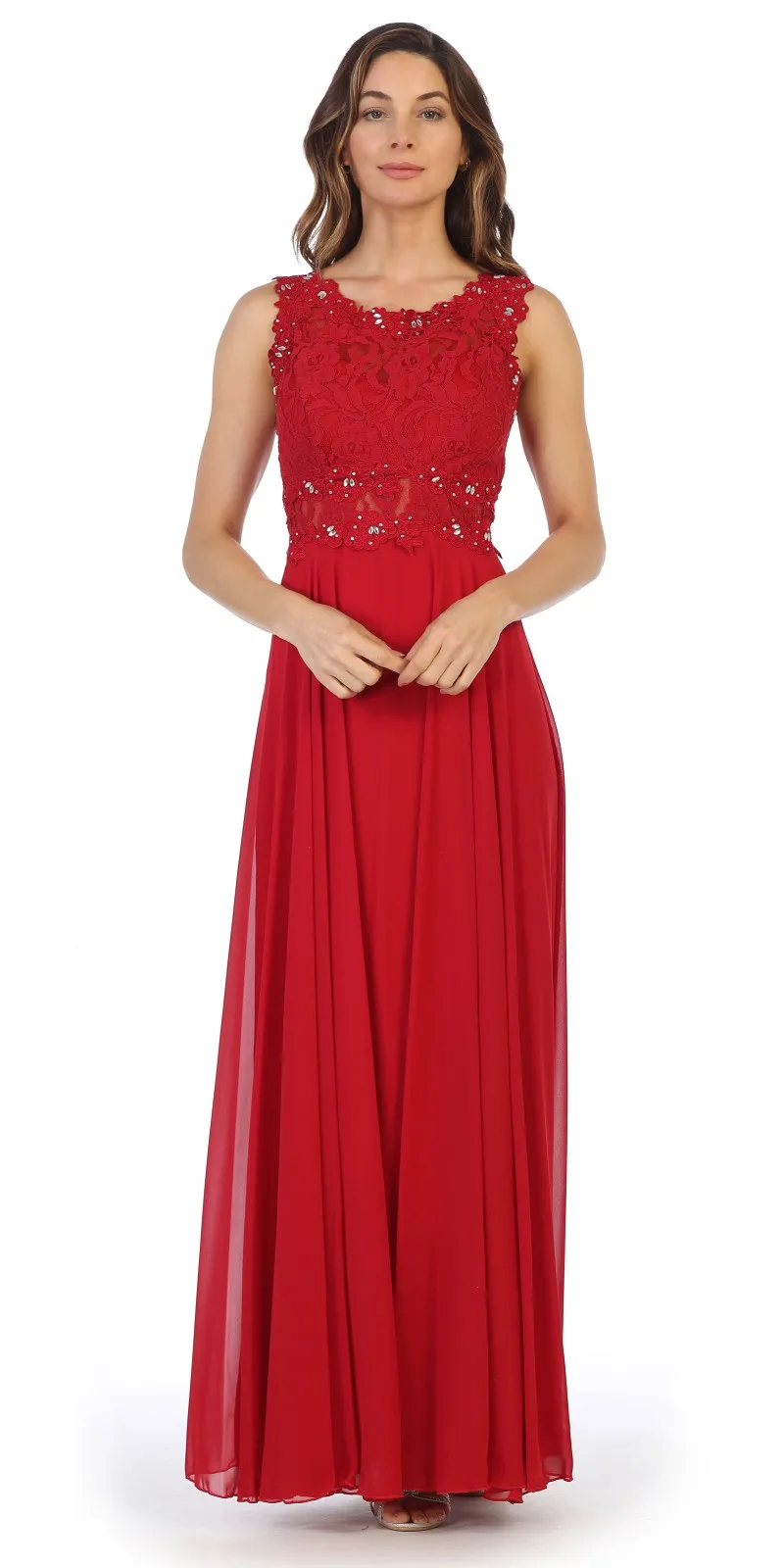 Juno 1016 Sleeveless Long Formal Dress with Lace Bodice