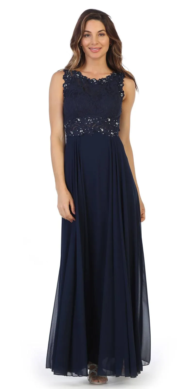 Juno 1016 Sleeveless Long Formal Dress with Lace Bodice