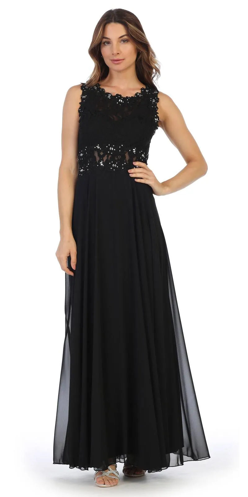 Juno 1016 Sleeveless Long Formal Dress with Lace Bodice