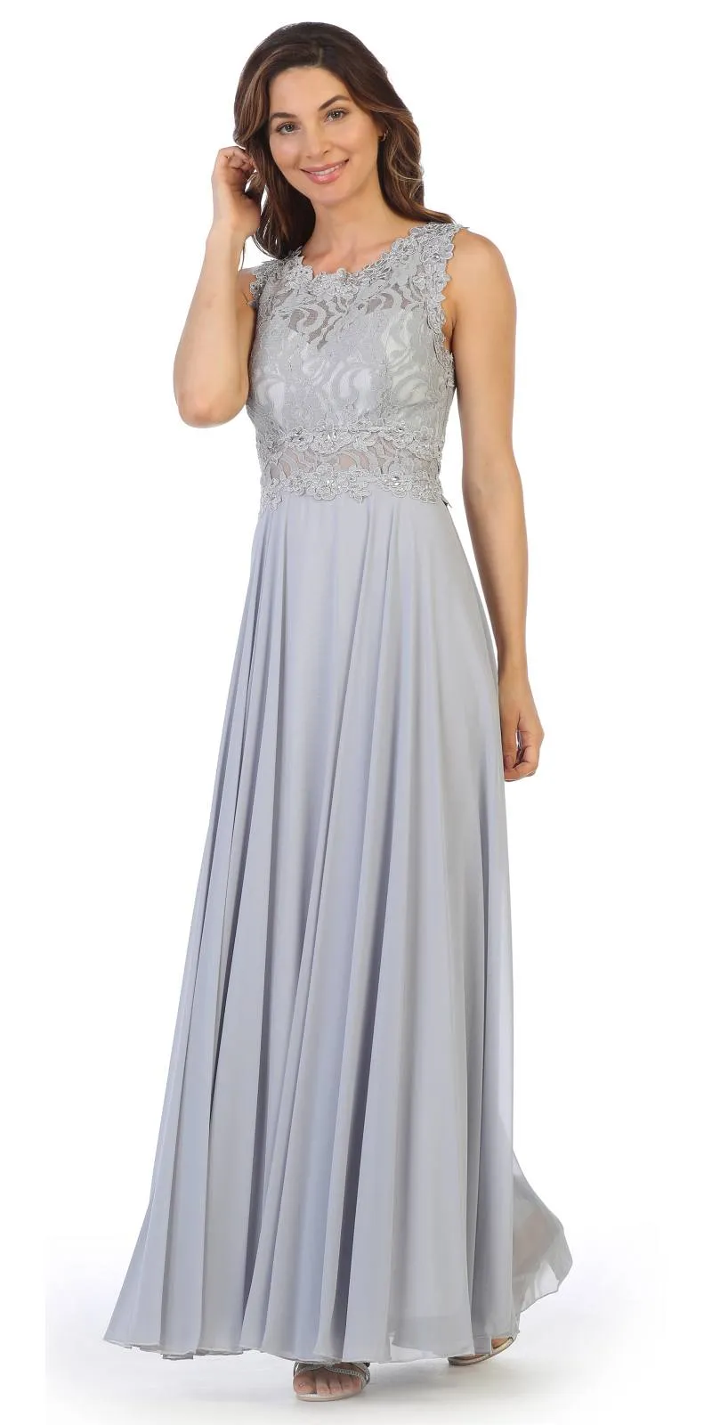 Juno 1016 Sleeveless Long Formal Dress with Lace Bodice