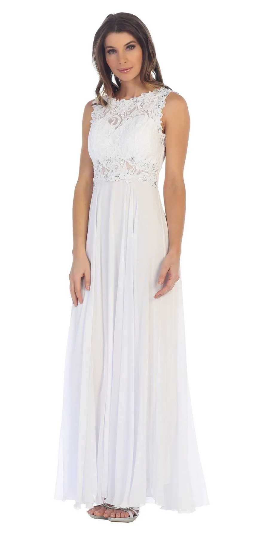 Juno 1016 Sleeveless Long Formal Dress with Lace Bodice