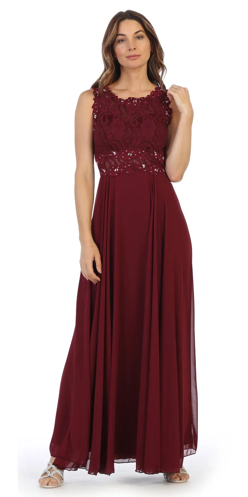 Juno 1016 Sleeveless Long Formal Dress with Lace Bodice