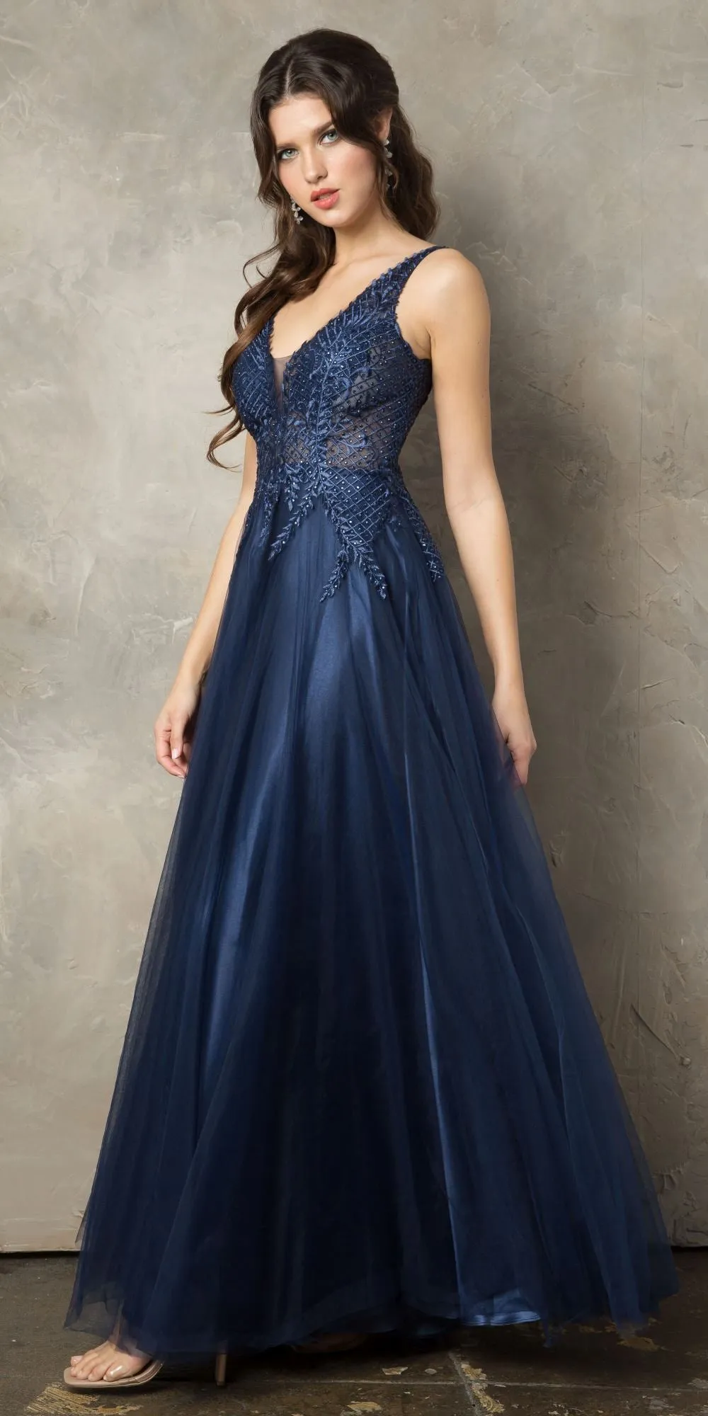 Juno 933 Embroidered Long Prom Dress V-Neck and Back