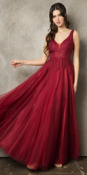 Juno 933 Embroidered Long Prom Dress V-Neck and Back