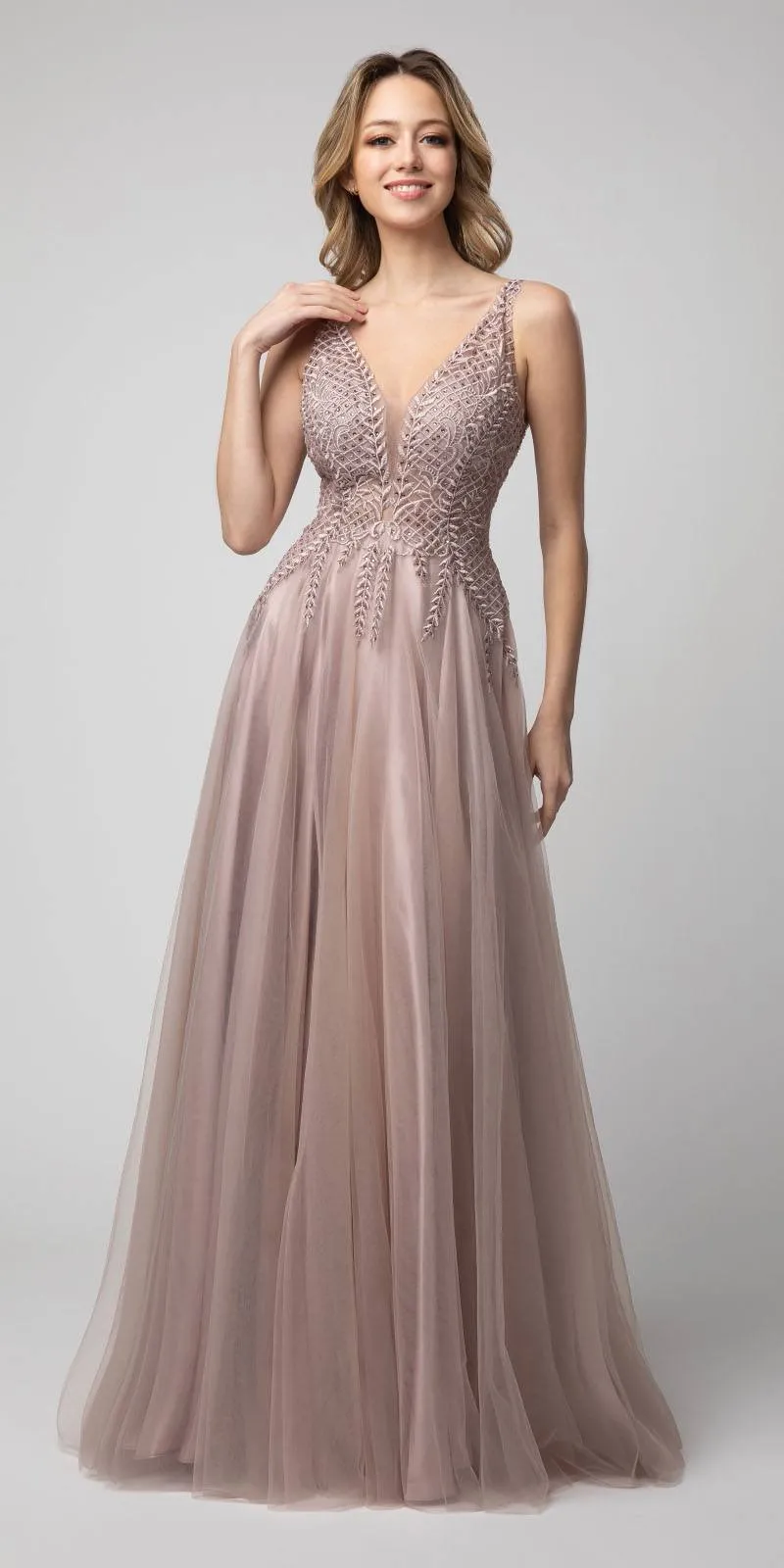 Juno 933 Embroidered Long Prom Dress V-Neck and Back