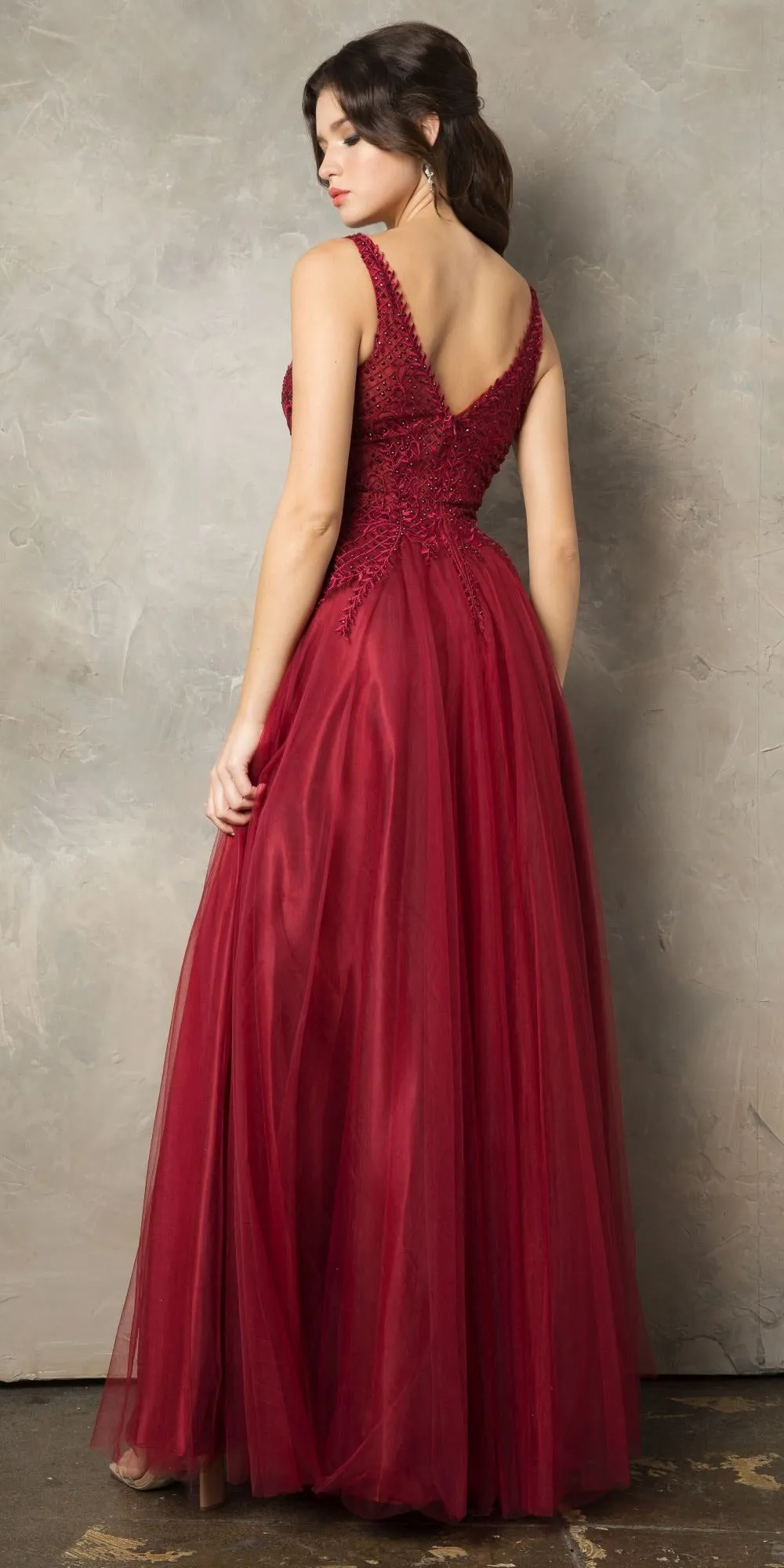 Juno 933 Embroidered Long Prom Dress V-Neck and Back