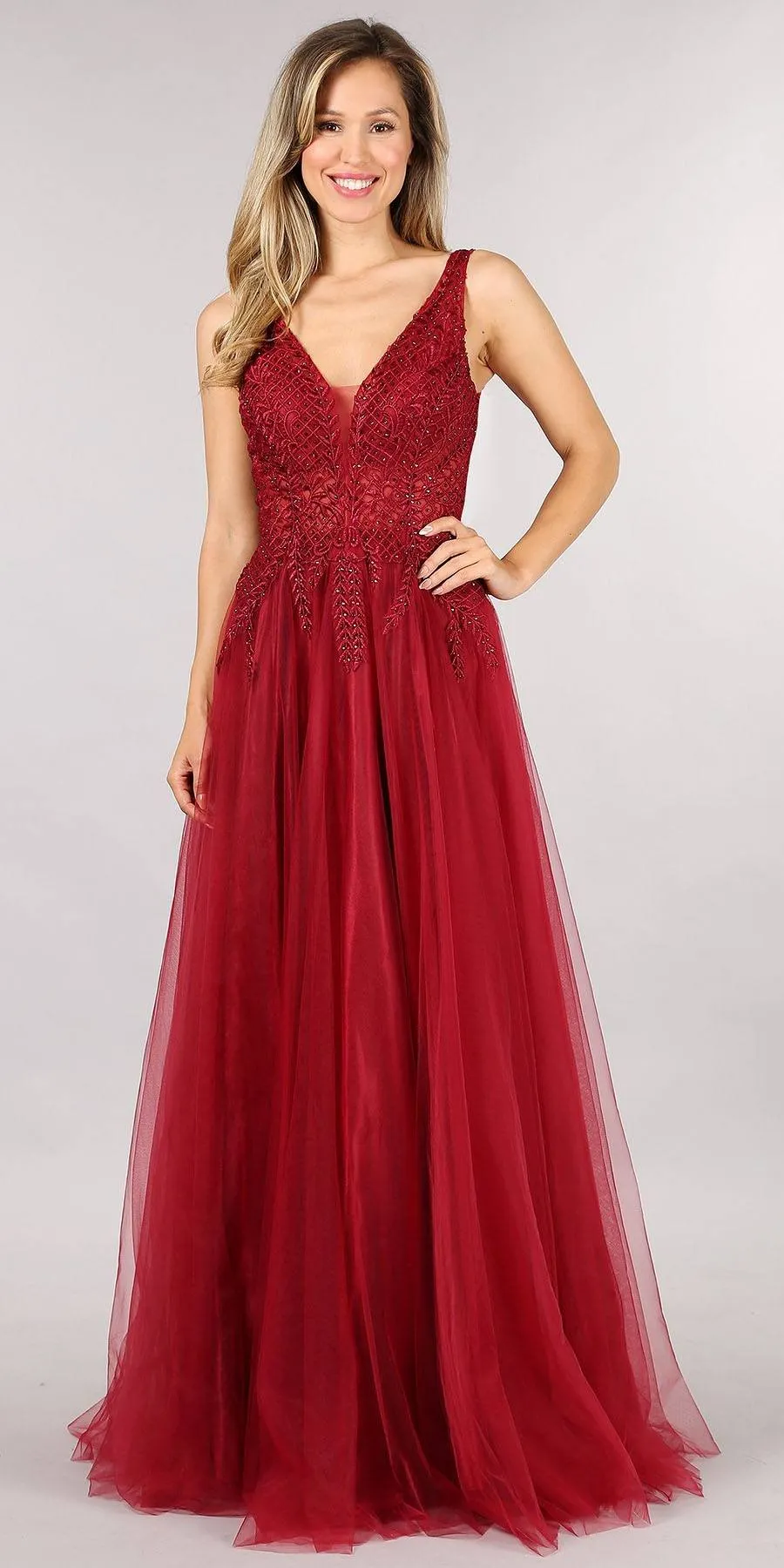 Juno 933 Embroidered Long Prom Dress V-Neck and Back
