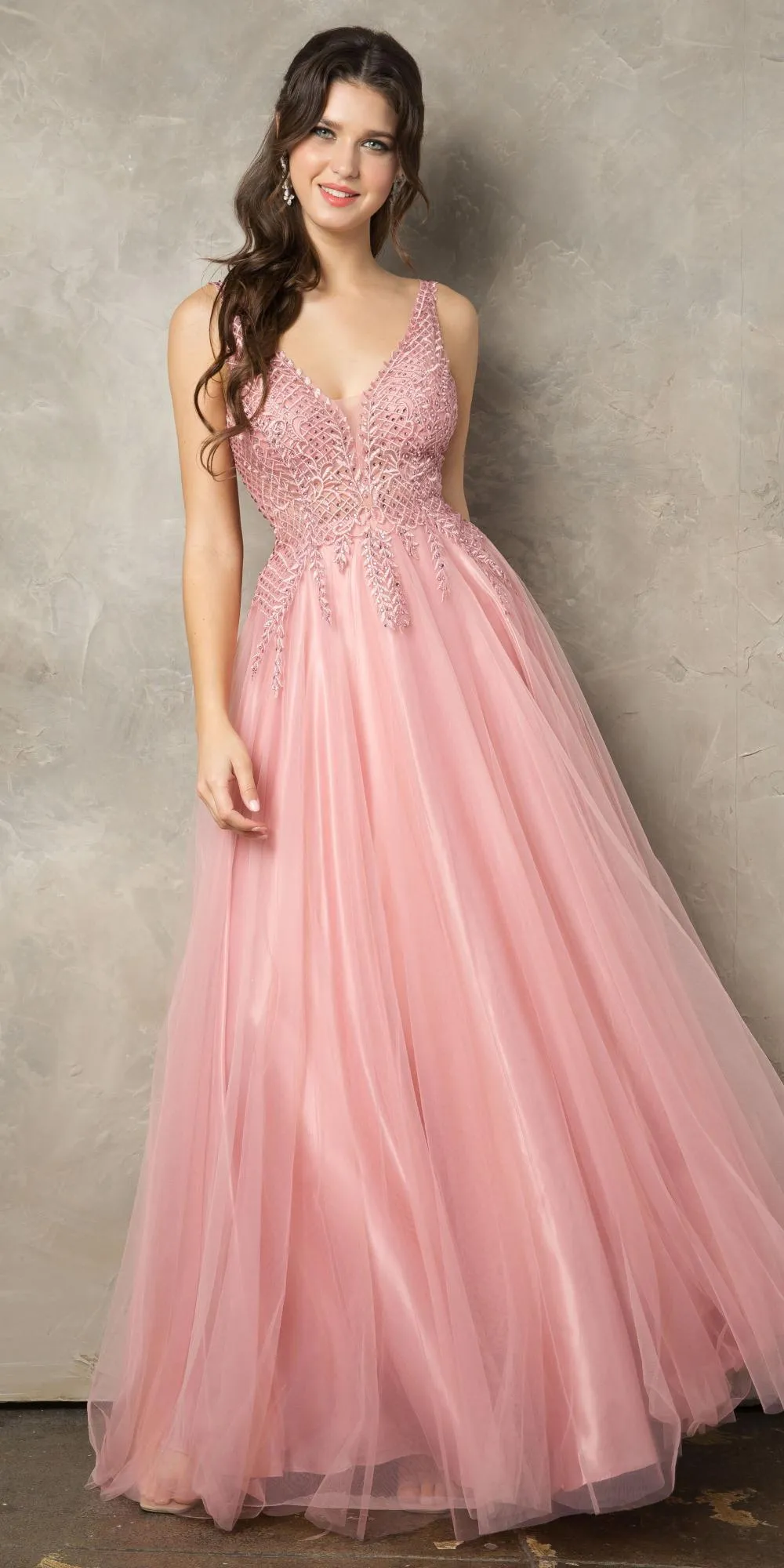 Juno 933 Embroidered Long Prom Dress V-Neck and Back