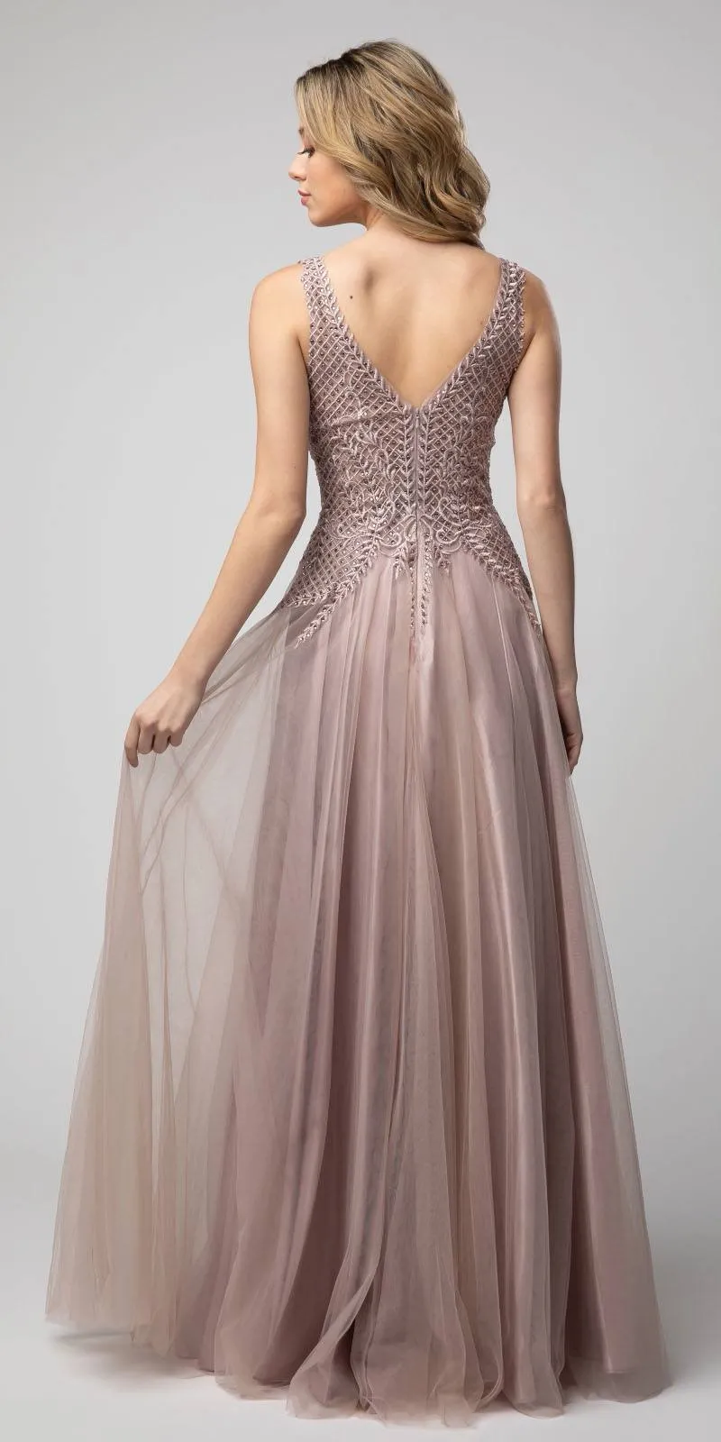 Juno 933 Embroidered Long Prom Dress V-Neck and Back