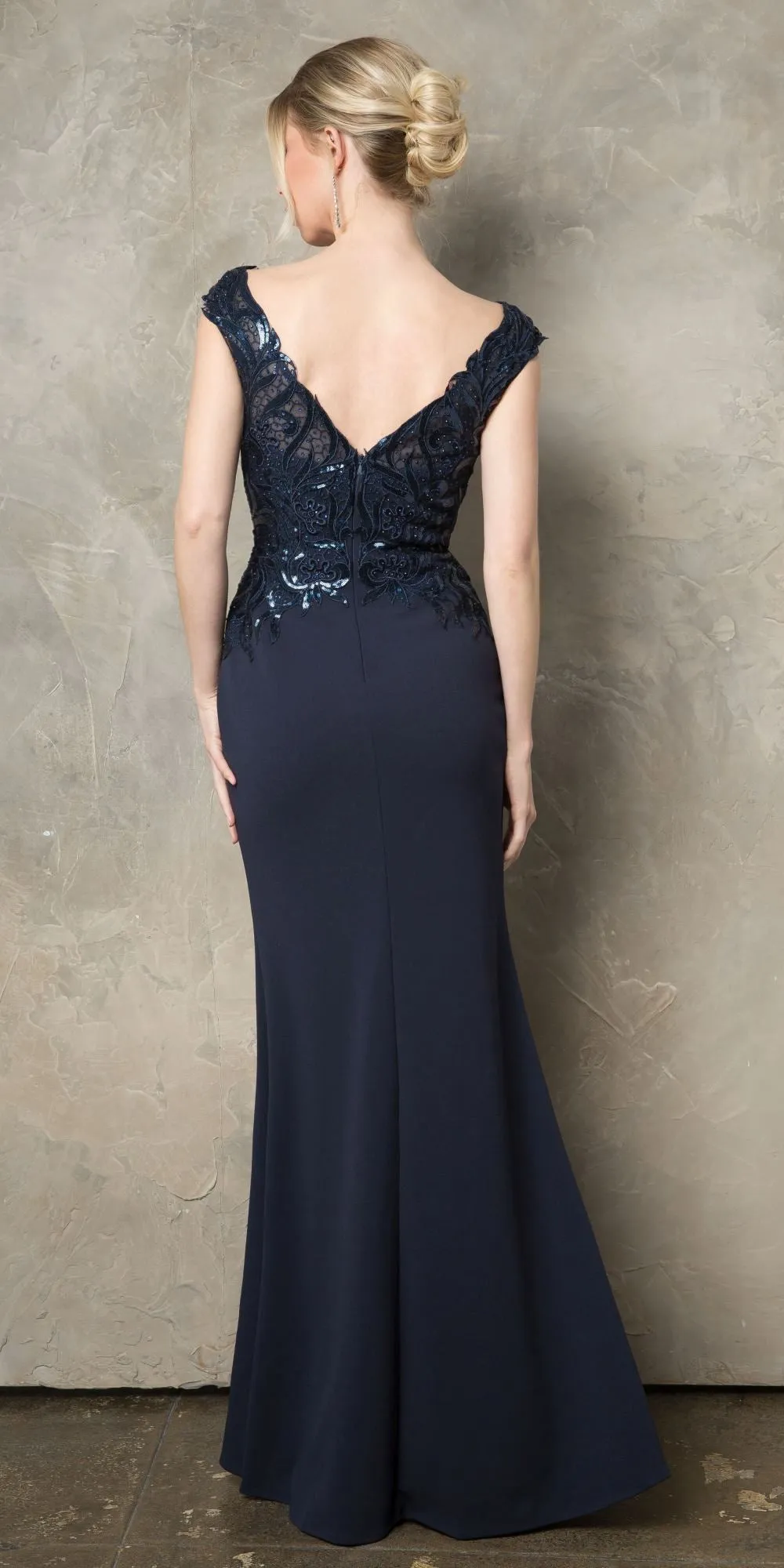 Juno 957 Floor Length Boat Neckline Fitted Evening Gown Embroidered Bodice