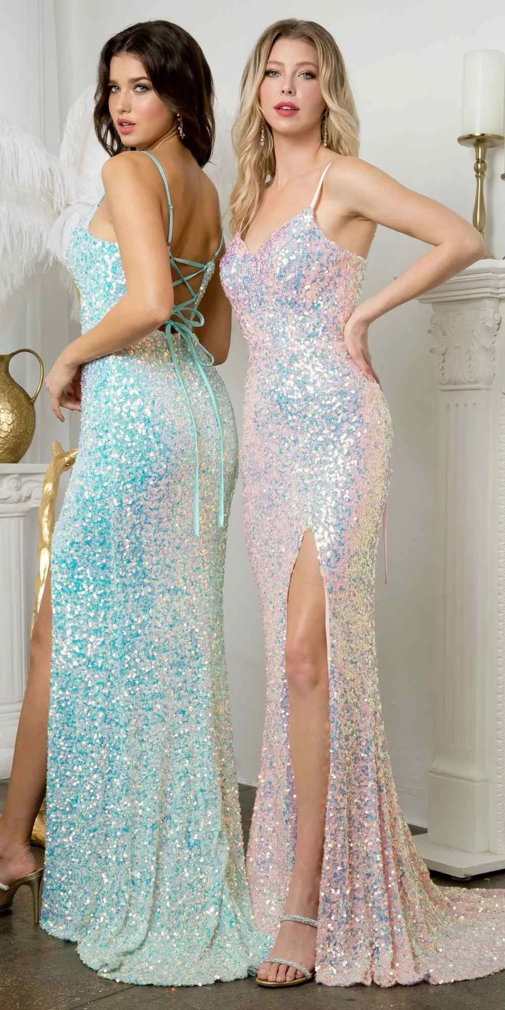 Juno M1014 Floor Length Sheath Sequins Gown Spaghetti Straps Leg Slit