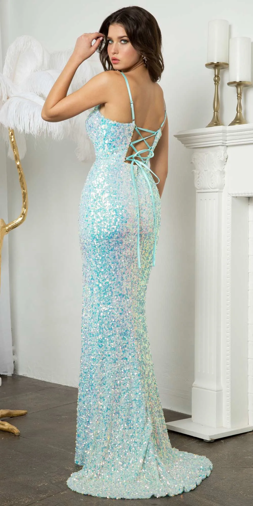 Juno M1014 Floor Length Sheath Sequins Gown Spaghetti Straps Leg Slit