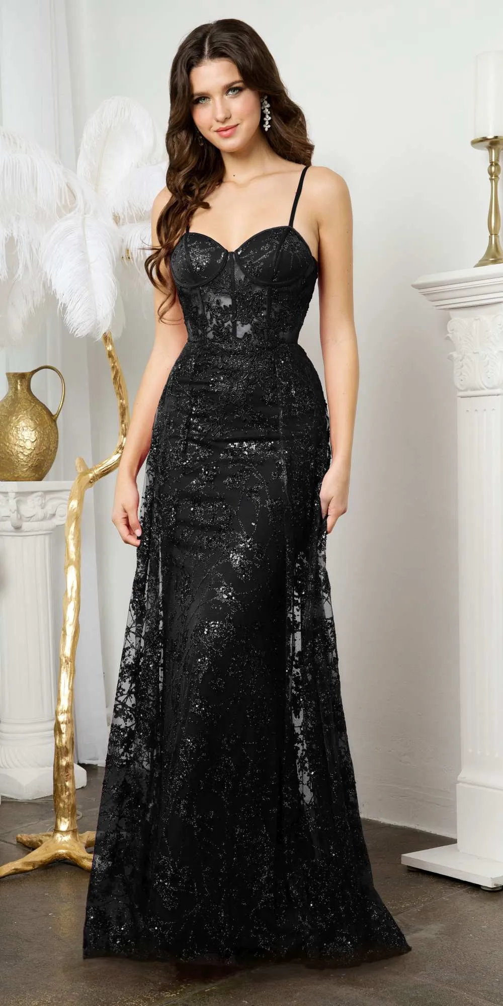 Juno M1021 Floor Length Tulle Sheath Gown Corset Boned Bodice