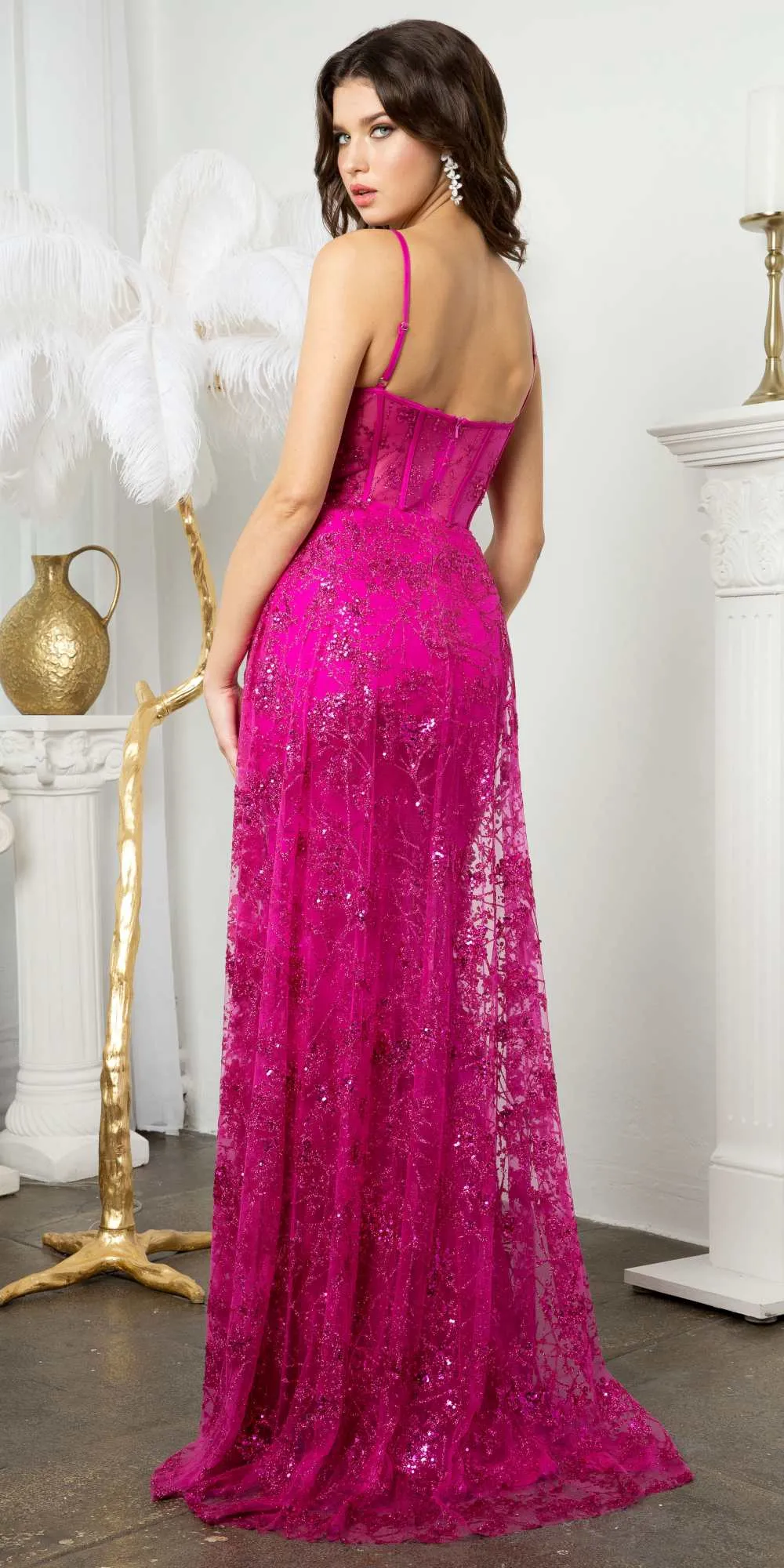 Juno M1021 Floor Length Tulle Sheath Gown Corset Boned Bodice