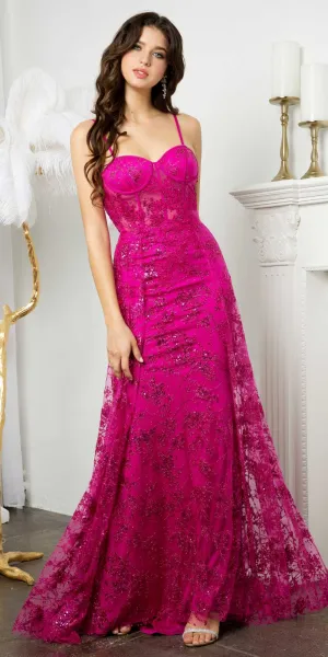 Juno M1021 Floor Length Tulle Sheath Gown Corset Boned Bodice