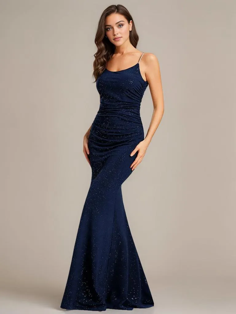 Kela low back rushed ball dress with sparkling straps in navy Express NZ wide
