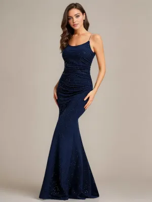 Kela low back rushed ball dress with sparkling straps in navy Express NZ wide