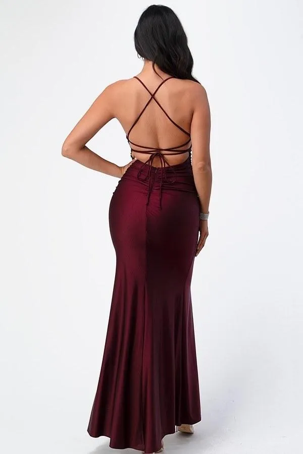 La Scala 25925 Back Lace Up Mermaid Dress Waist Shirring And Open Slit