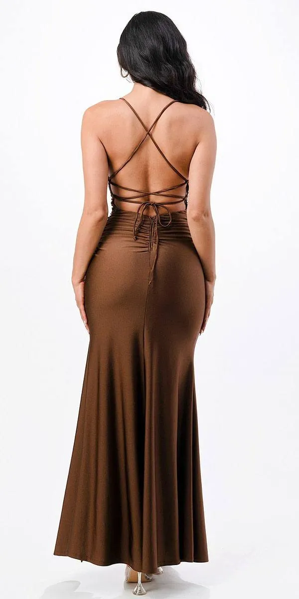 La Scala 25925 Back Lace Up Mermaid Dress Waist Shirring And Open Slit