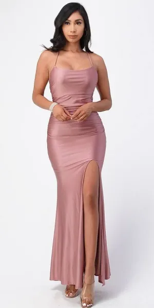 La Scala 25925 Back Lace Up Mermaid Dress Waist Shirring And Open Slit