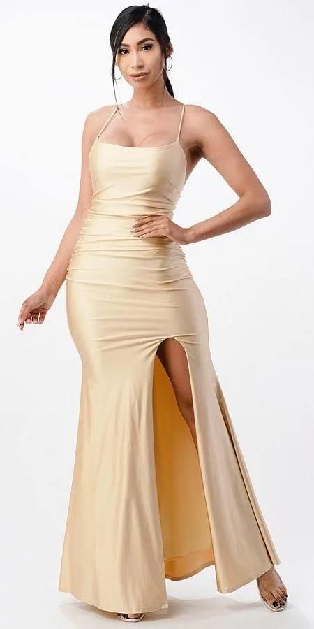 La Scala 25925 Back Lace Up Mermaid Dress Waist Shirring And Open Slit