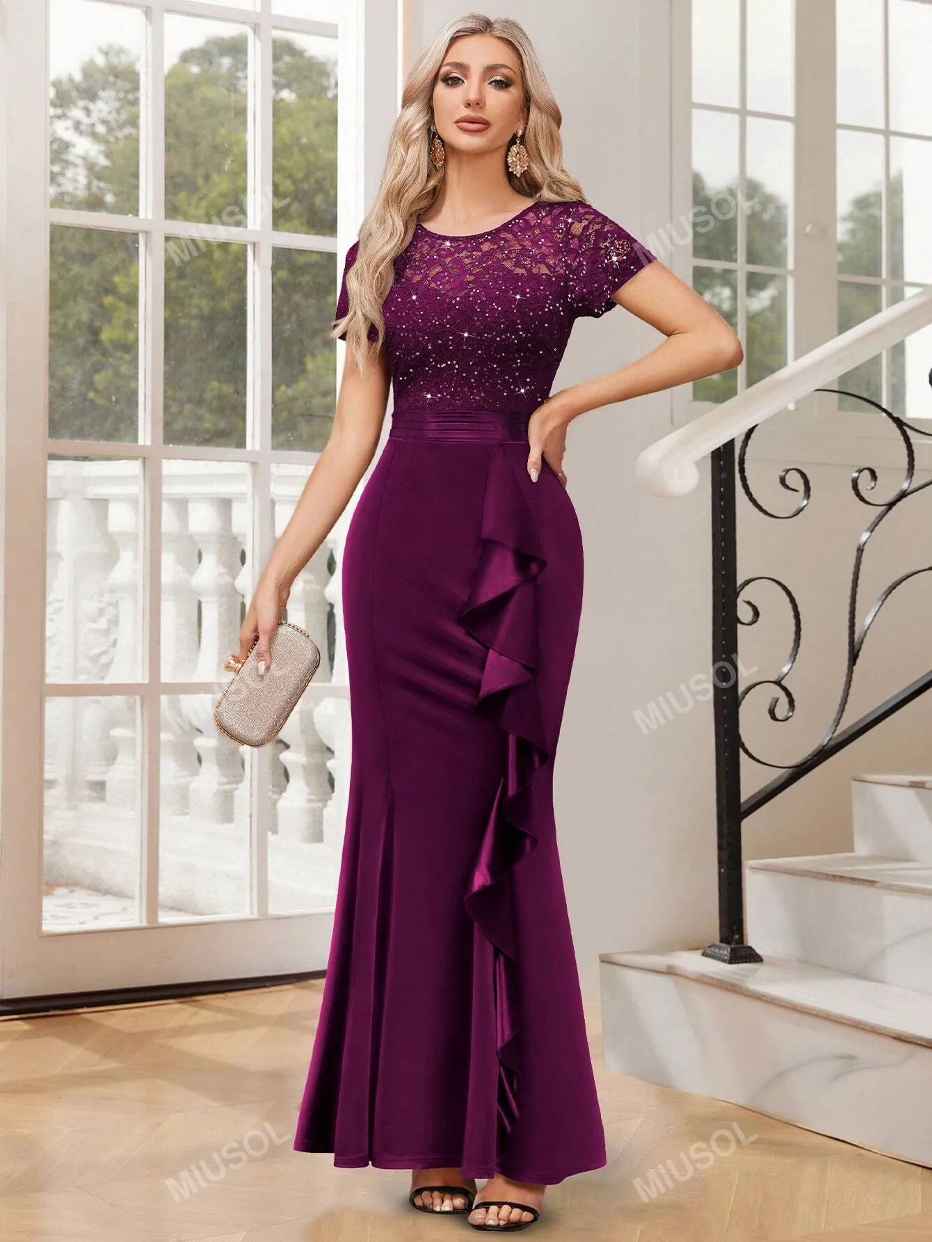 Lace Sequin Insert Ruffle Trim Mermaid Hem Satin Evening Fitted Dress