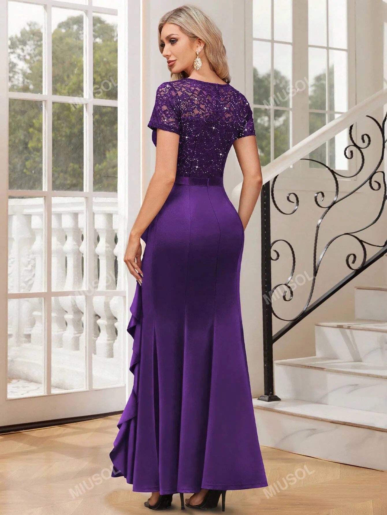 Lace Sequin Insert Ruffle Trim Mermaid Hem Satin Evening Fitted Dress