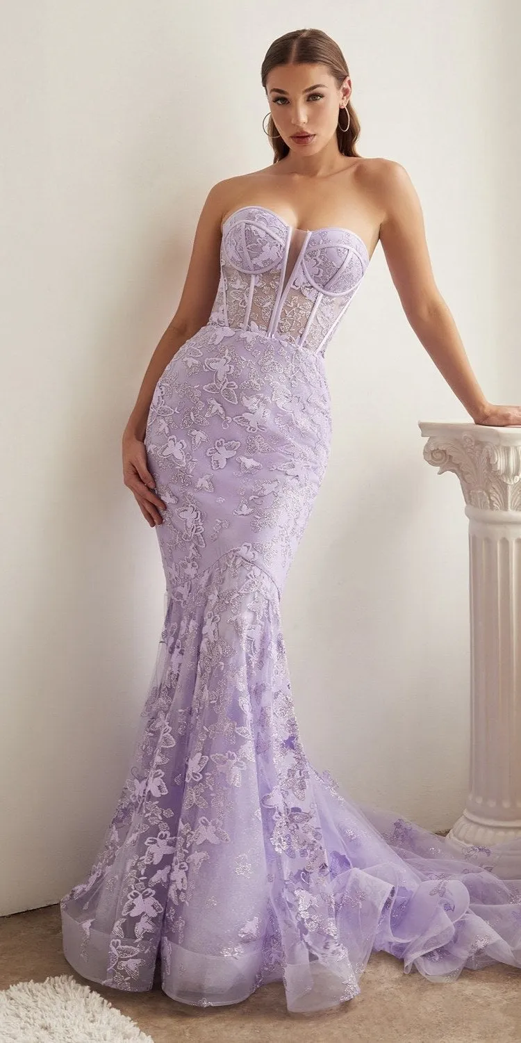 Ladivine CB099 Long Strapless Butterfly Print Mermaid Gown