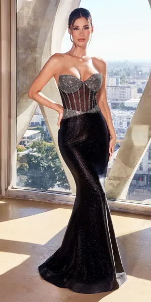 Ladivine CC4004 Long Strapless Rhinestone & Glitter Stretch Satin Gown
