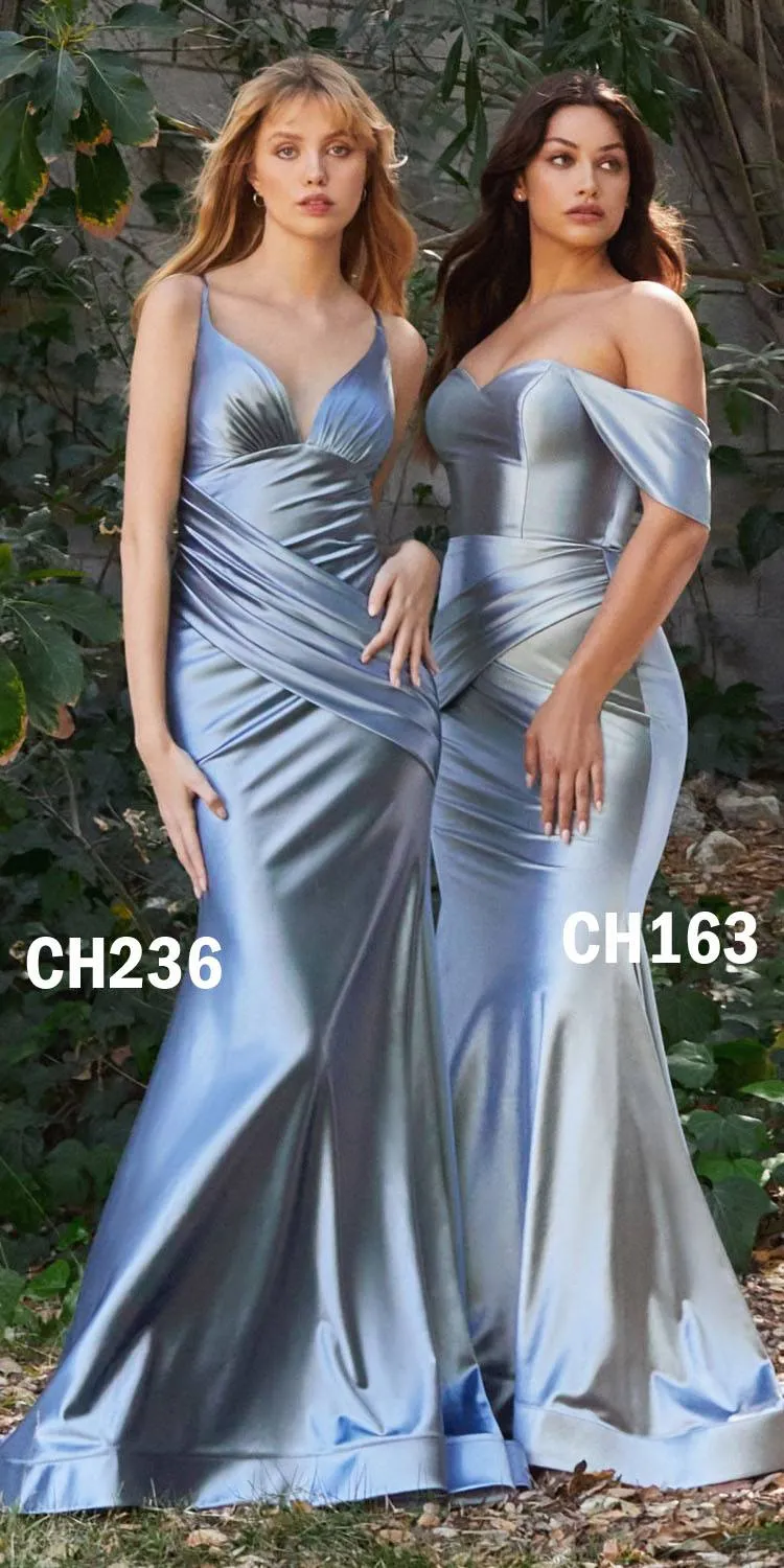 Ladivine CH236 Long Sheath Stretch Satin Gown Pleated Waistband