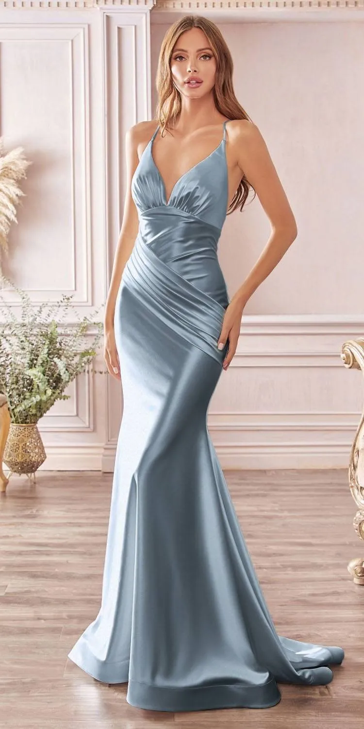 Ladivine CH236 Long Sheath Stretch Satin Gown Pleated Waistband