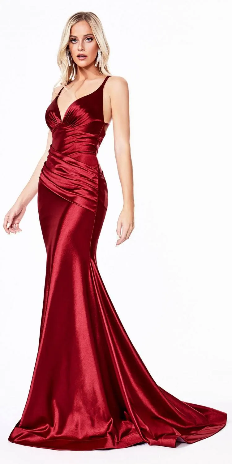 Ladivine CH236 Long Sheath Stretch Satin Gown Pleated Waistband