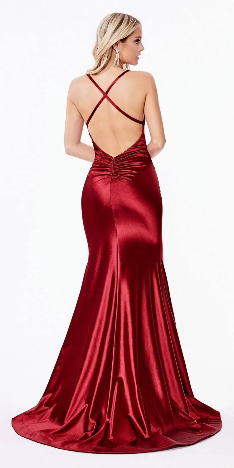 Ladivine CH236 Long Sheath Stretch Satin Gown Pleated Waistband