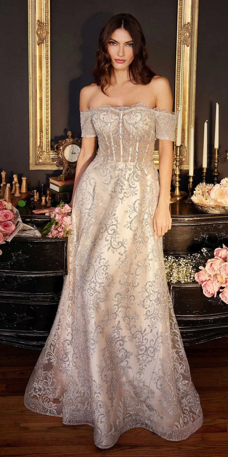 Ladivine J835 Floor Length Off the Shoulder A-line Glitter Print Gown