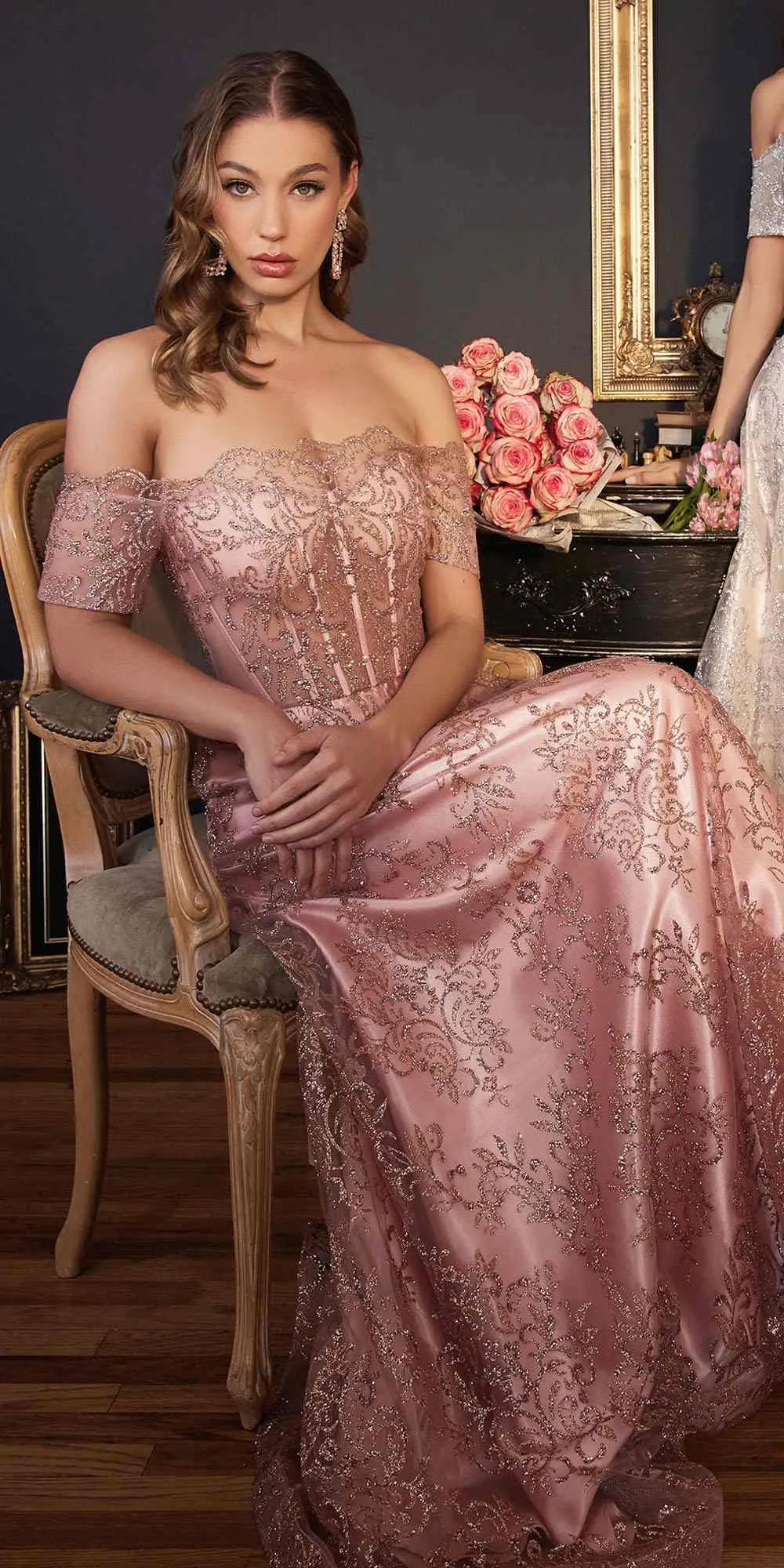 Ladivine J835 Floor Length Off the Shoulder A-line Glitter Print Gown