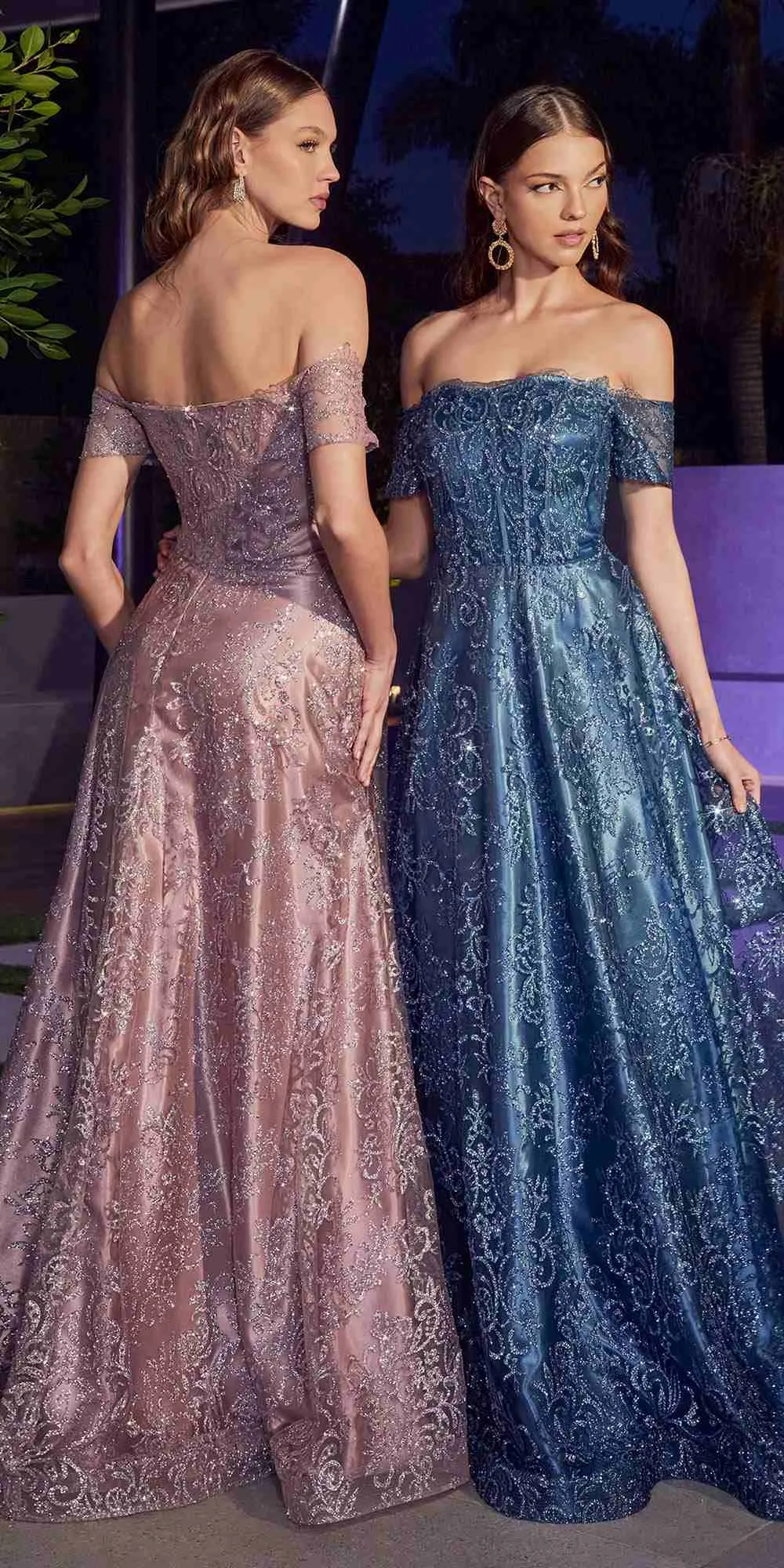 Ladivine J835 Floor Length Off the Shoulder A-line Glitter Print Gown