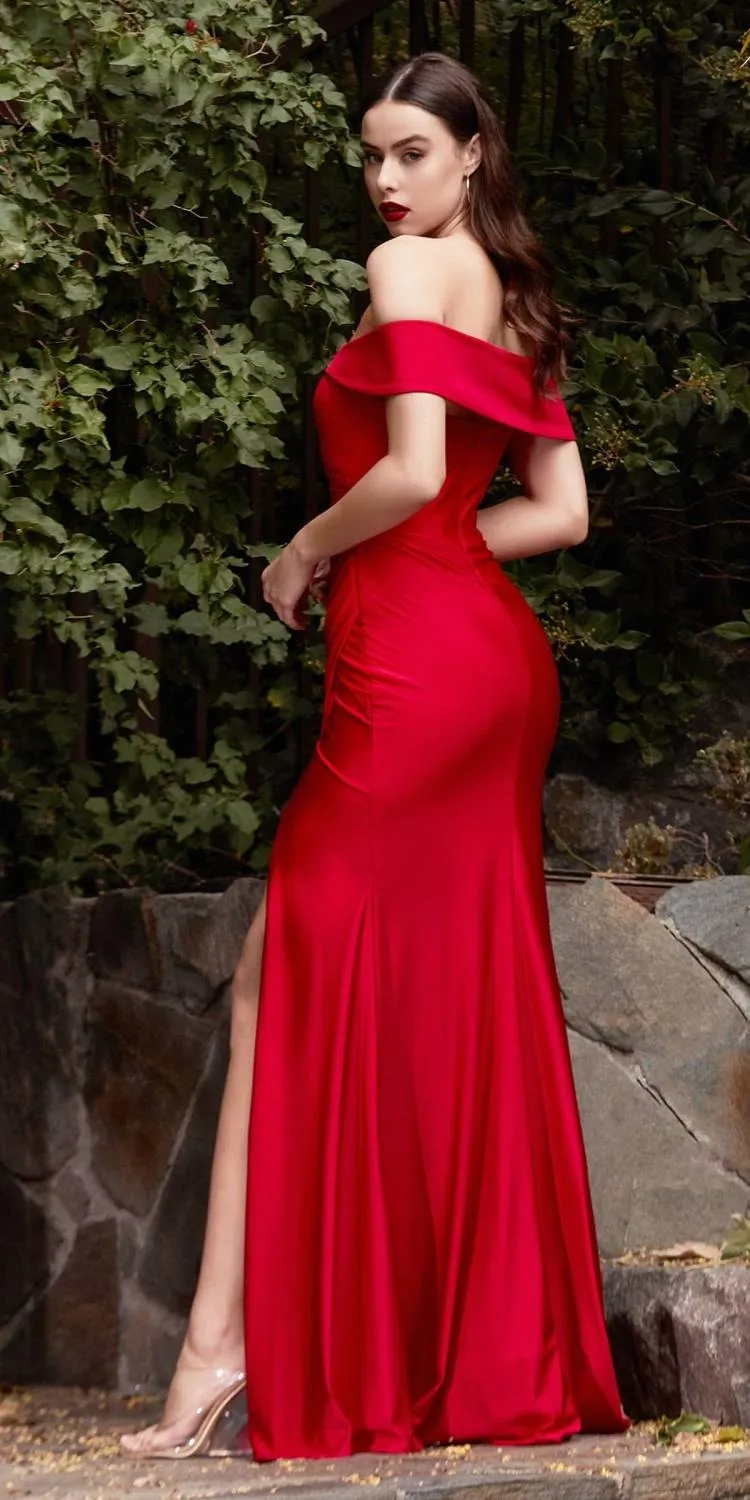 Ladivine KV1050 Off-Shoulder Sheath Fitted Stretch Jersey Dress Slit
