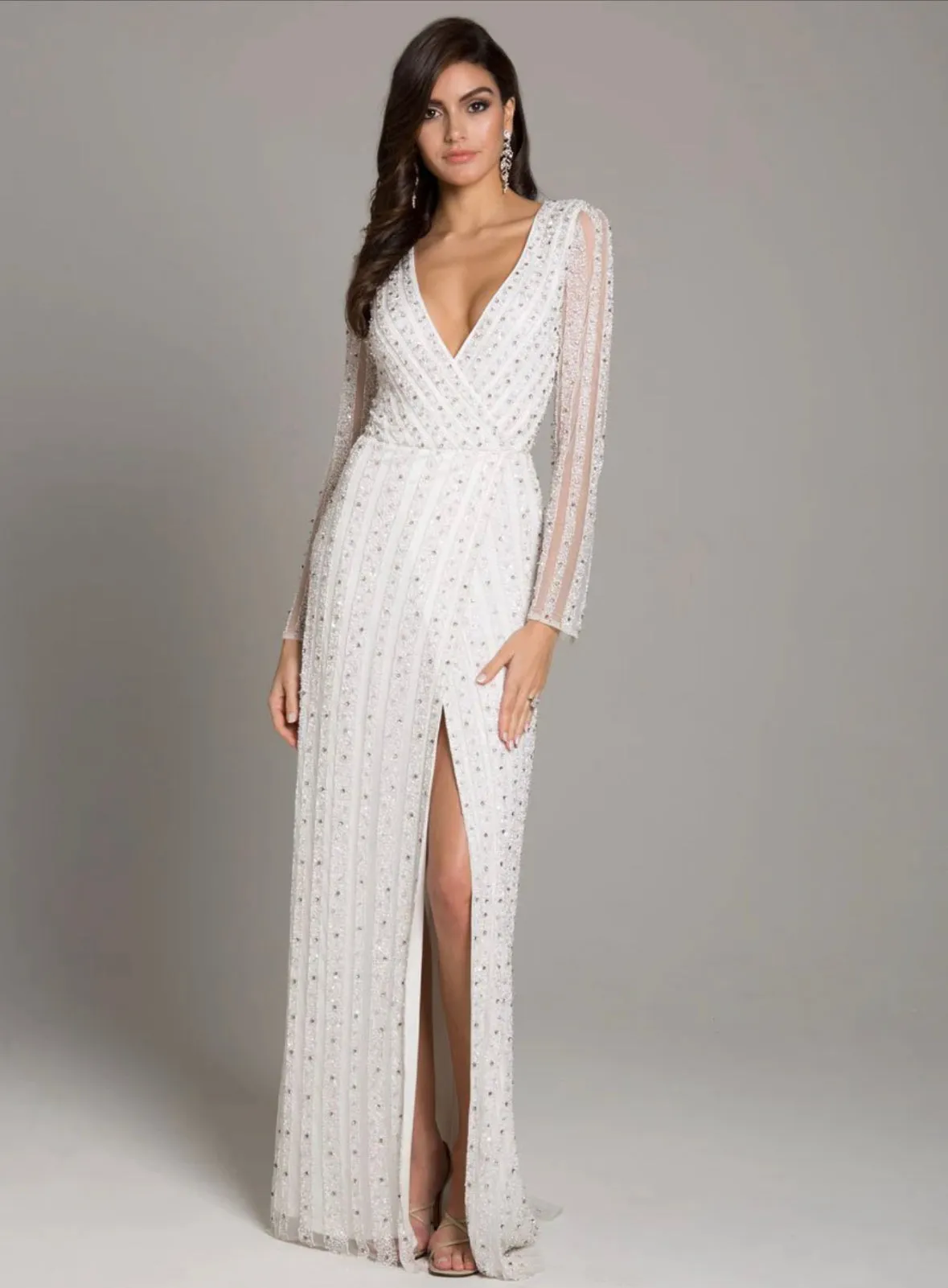 Lara Ivory Blair Long Sleeve Beaded Surplice Sheath Gown 51007