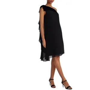 LAUREN RALPH LAUREN Chiffon And Velvet One Shoulder Black Dress Size 12