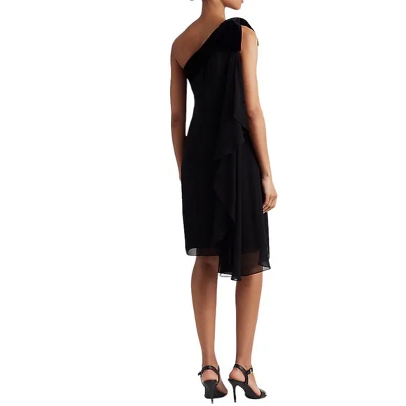 LAUREN RALPH LAUREN Chiffon And Velvet One Shoulder Black Dress Size 12