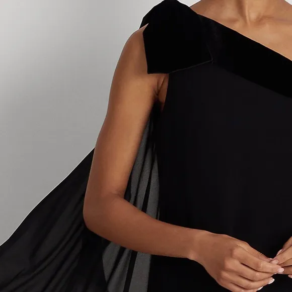 LAUREN RALPH LAUREN Chiffon And Velvet One Shoulder Black Dress Size 12