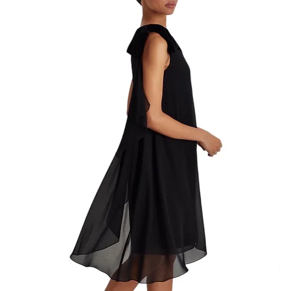 LAUREN RALPH LAUREN Chiffon And Velvet One Shoulder Black Dress Size 12