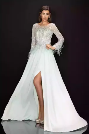 Long Sleeve Beaded Chiffon Gown with Feather Detail