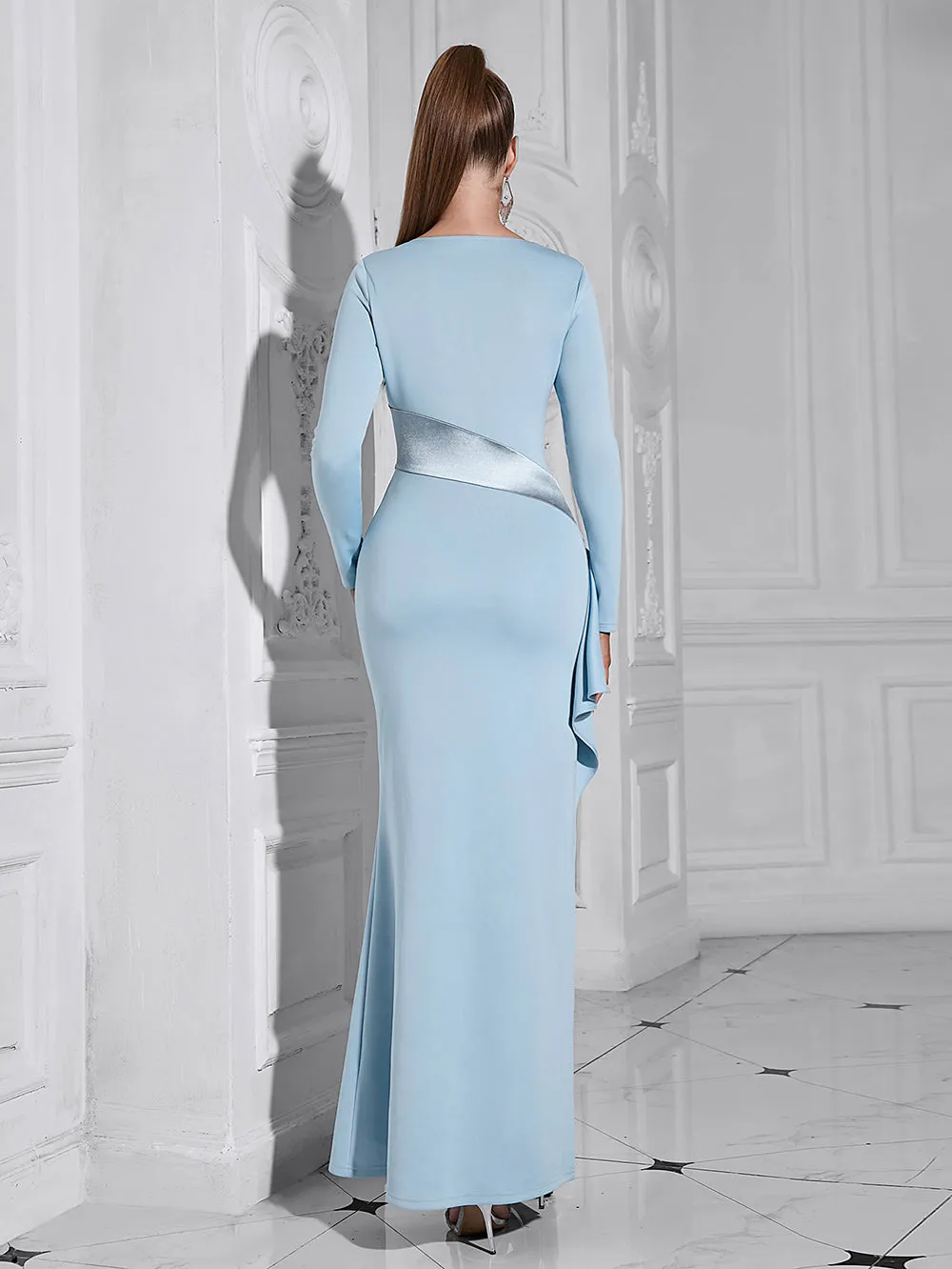 Long Sleeve Irregular Neckline Maxi Bodycon Dress HB101400