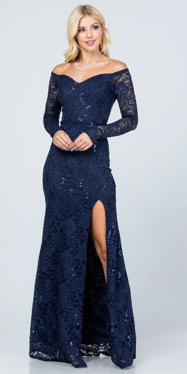 Long Sleeved Off-Shoulder Long Prom Dress with Slit