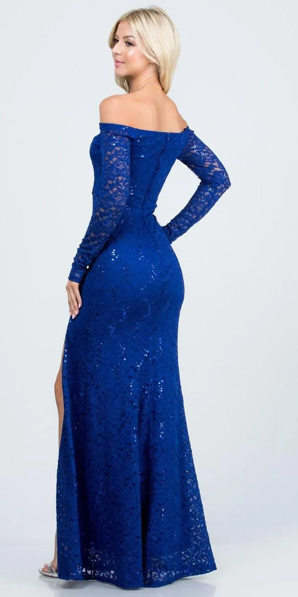 Long Sleeved Off-Shoulder Long Prom Dress with Slit