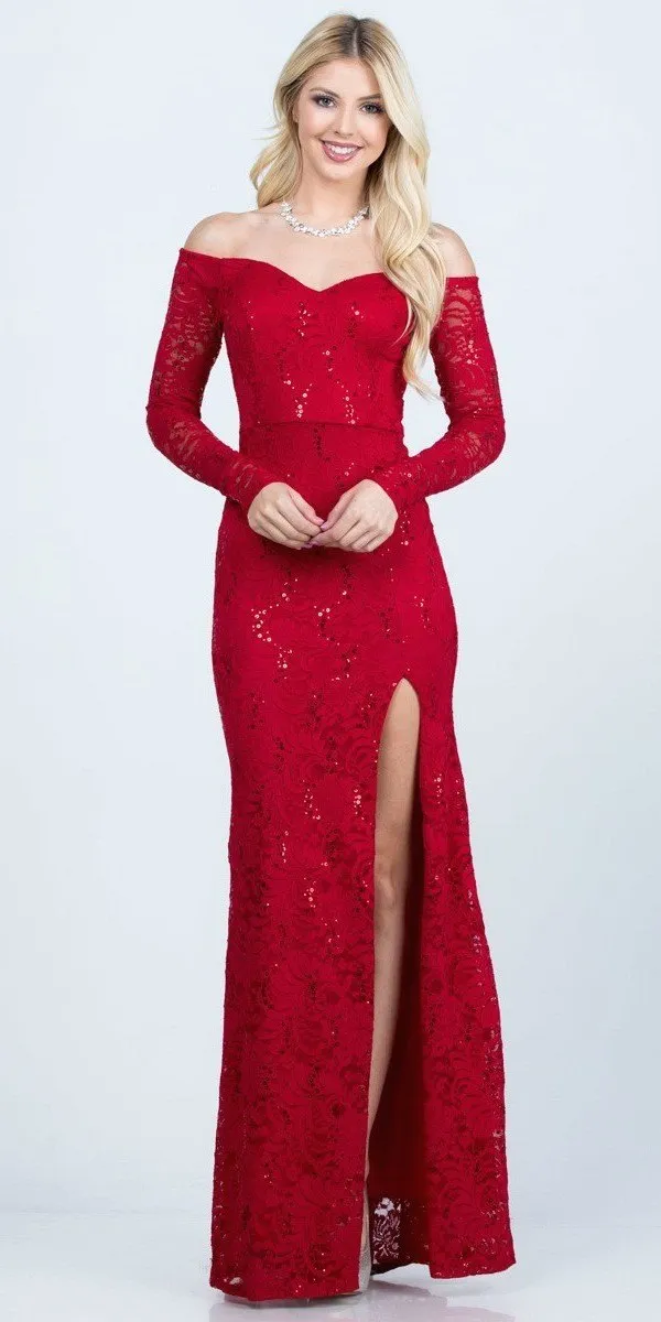 Long Sleeved Off-Shoulder Long Prom Dress with Slit